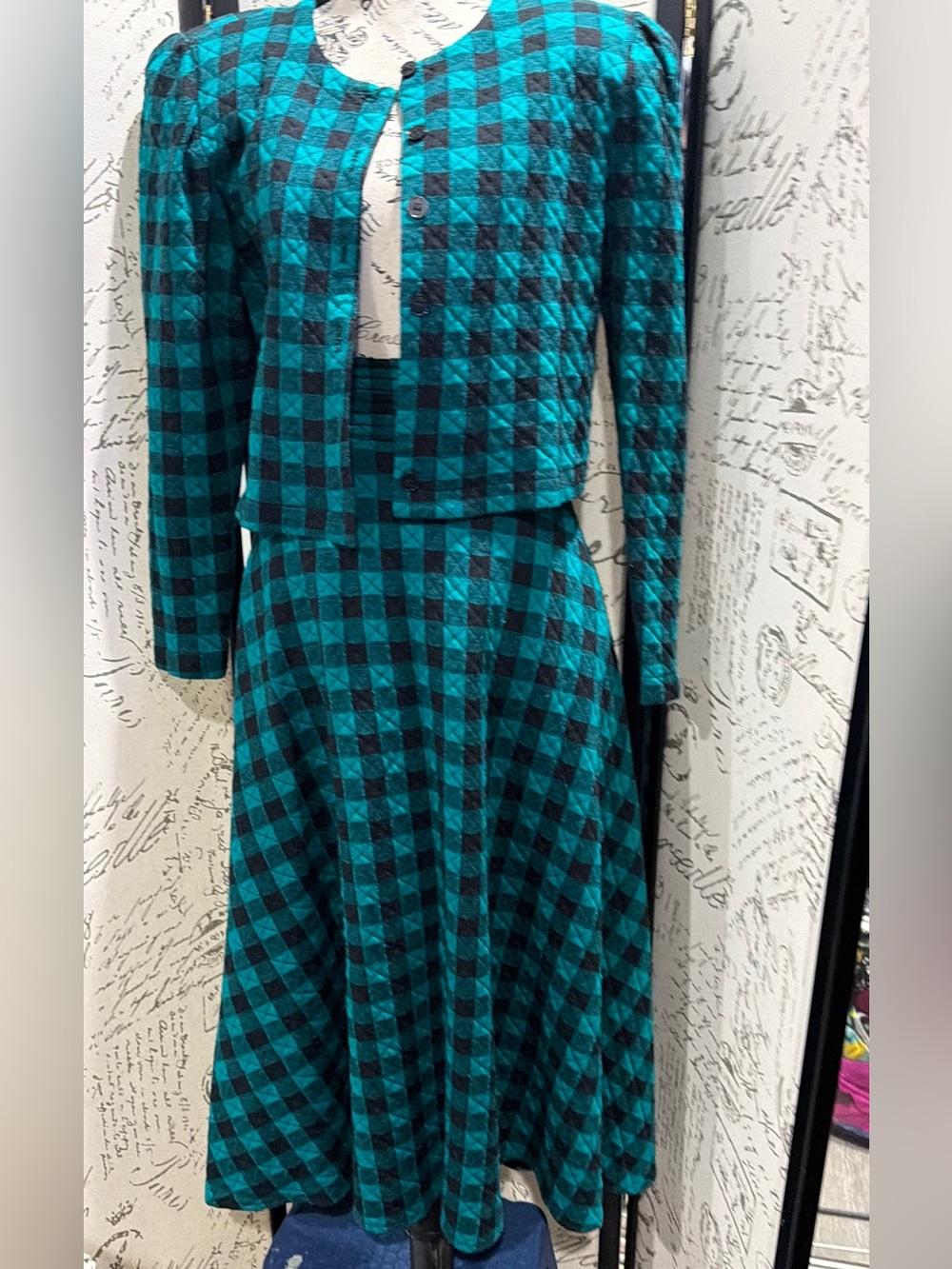 Vintage Teal and Black Check Two-Piece Skirt Set